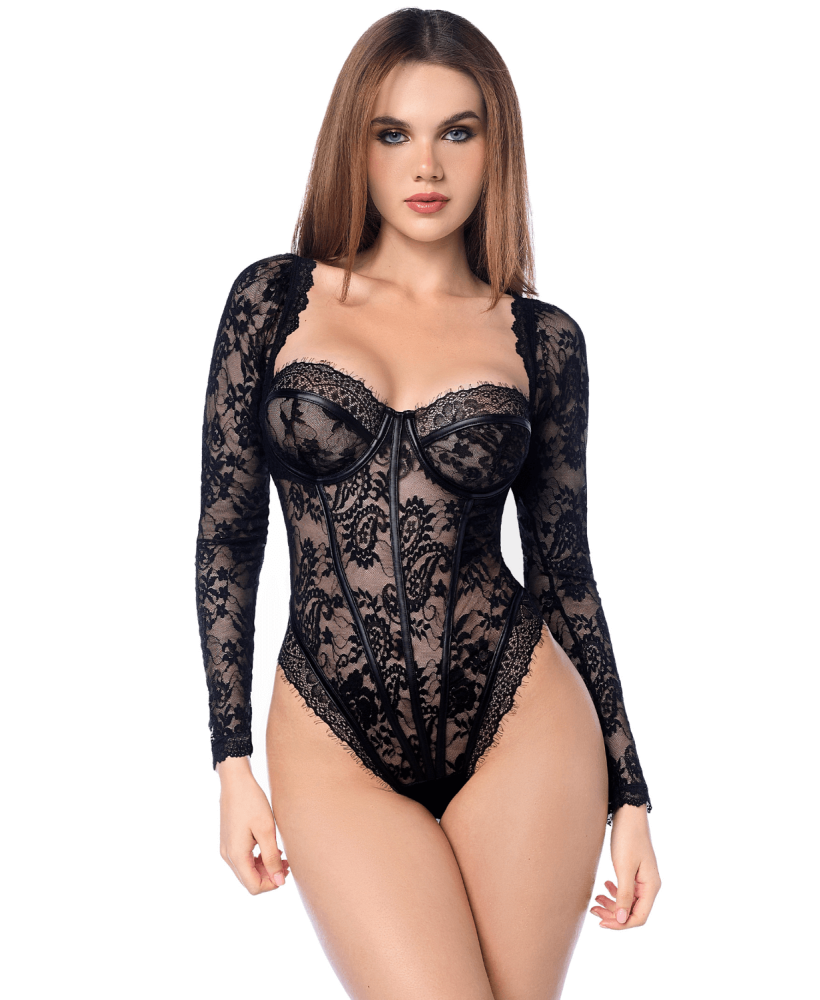 Body sexy manches longues en dentelle gothique et détails effet cuir 